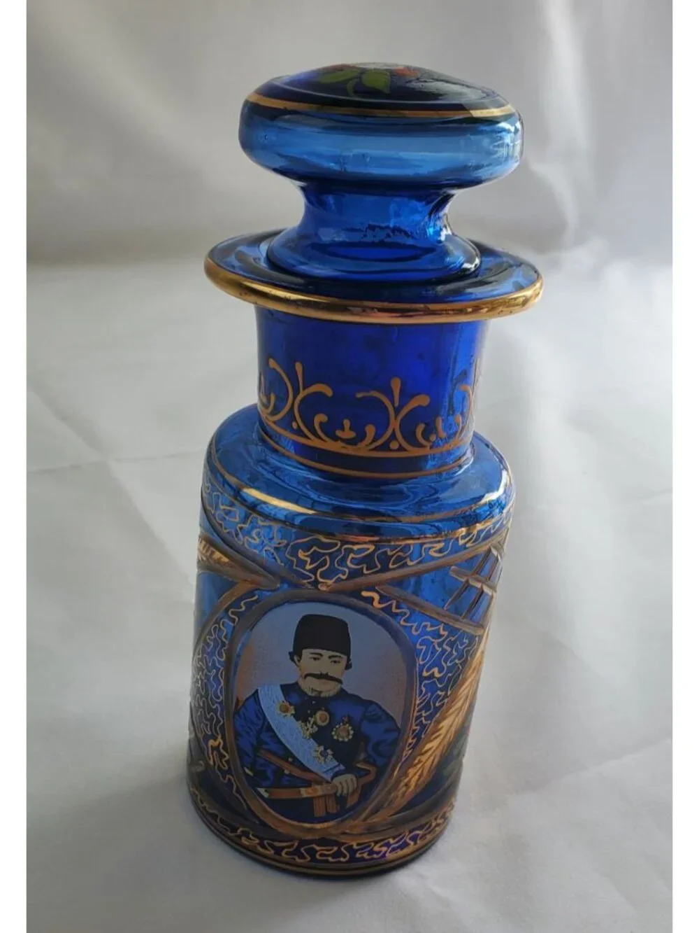 Vtg Cobalt Russian Blue Decanter w/ Etched Gold Flower w/ Stopper Tole Painted